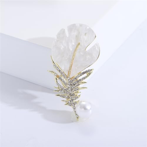 Rhinestone Feather Leaf Brooch Pin for Men Women Gold Silver Plated Elegant Delicate Leaves Hat Bag Suit Tie Crystal Pearl Lapel Brooches for Mother's Day Birthday Wedding Fashion Jewelry Gifts - color: Gold