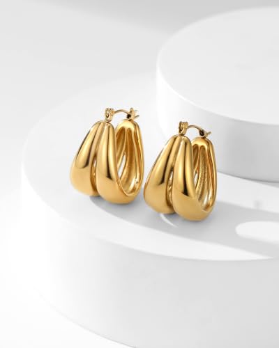 14K Gold Plated Chunky Hoop Earrings for Women, Thick Teardrop Huggie Hoops, Hypoallergenic Stainless Steel Statement Earrings