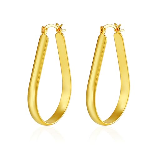 Oval Hoop Earrings 4.8mm Wide Large Chunky Lightweight Big Hoop Earrings 18K Gold Plated Minimalist Jewelry for Women 20/30/40mm - color: Gold-38mm Inner Diameter