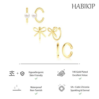 14K Gold Plated Ear Cuff Earrings for Women, Dainty Ear Cuffs Clip on Earrings Non Piercing Trendy Cubic Zirconia Cartilage Hoop Earring Fashion Jewelry Sets for Women - color: 3PCS/Pearl