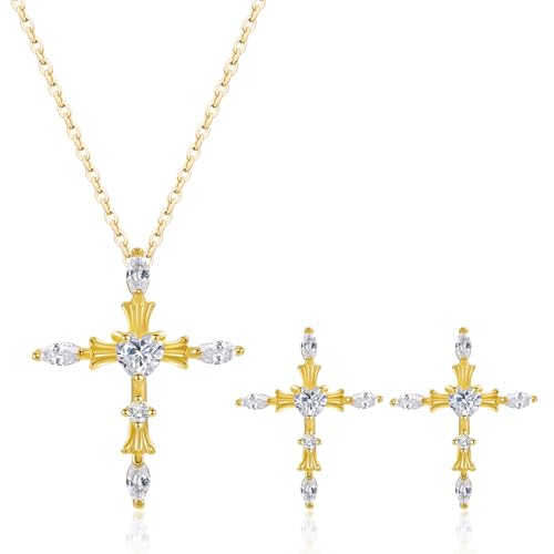 14K Gold Plated | 14K Platinum Plated Necklace for Women Necklace Earrings Set with Sparkling Zircon Inlay and Silver Post Earrings - color: Cross set Gold