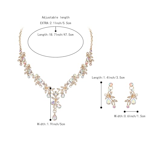 BriLove Wedding Jewelry Set for Women Bride, Y-Necklace Dangle Earrings Crystal Teardrop Leaf Flower Cluster Bridal Bridesmaid - color: 02-Iridescent AB