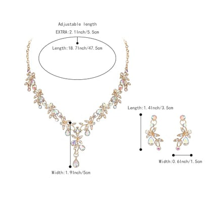 BriLove Wedding Jewelry Set for Women Bride, Y-Necklace Dangle Earrings Crystal Teardrop Leaf Flower Cluster Bridal Bridesmaid - color: 02-Iridescent AB