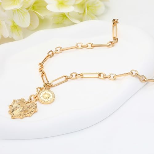 Chunky Gold Necklace for Women, 18K Waterproof Heart Necklace Statement Necklace Gold Charm Necklace Chunky Jewelry Paperclip Chain Choker Gift for Women - style: Shine Heart Pendant
