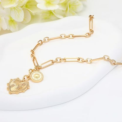 Chunky Gold Necklace for Women, 18K Waterproof Heart Necklace Statement Necklace Gold Charm Necklace Chunky Jewelry Paperclip Chain Choker Gift for Women - style: Shine Heart Pendant
