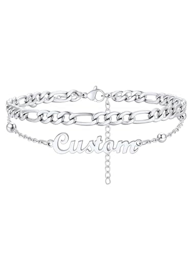 Custom4U Custom Name Anklet Bracelets for Women Waterproof Beaded/Figaro/Cuban/Rope/Wheat Chain Anklet Stackable Gold Plated Non Tarnish Custom Beach Gift Barefoot Summer Jewelry for Her - color: C02-Silver Figaro Chain