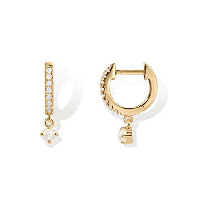 PAVOI 14K Gold Plated Huggie Hoop Earrings with Charms for Women - 925 Sterling Silver Posts Dainty Motif Huggie Hoop Dangle Earrings - Lightweight Dangle Drop Jewelry with Cubic Zirconia - style: Pearl & CZ