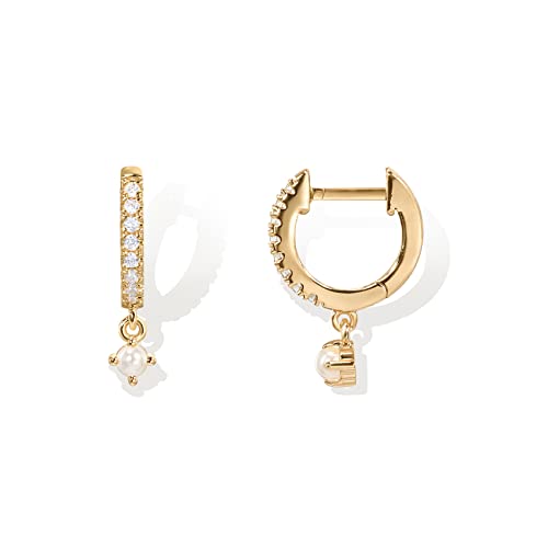 PAVOI 14K Gold Plated Huggie Hoop Earrings with Charms for Women - 925 Sterling Silver Posts Dainty Motif Huggie Hoop Dangle Earrings - Lightweight Dangle Drop Jewelry with Cubic Zirconia - style: Pearl & CZ