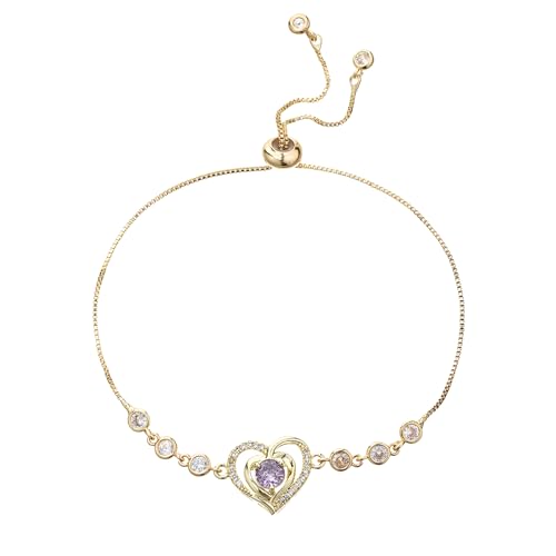 14K White Gold Plated Heart Bracelet for Women, Zircon Inlay Love Heart Charm Chain Bracelet Bangle with Adjustable Length - color: gold-purple