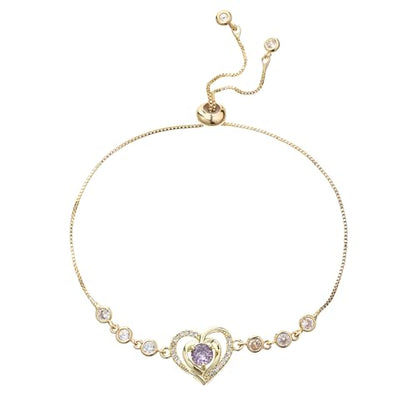 14K White Gold Plated Heart Bracelet for Women, Zircon Inlay Love Heart Charm Chain Bracelet Bangle with Adjustable Length - color: gold-purple