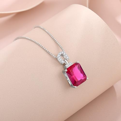 Emerald Cut Birthstone Necklace for Women 925 Sterling Silver | Baguette Birthstone Pendant Necklace, Jewelry for Mom Wife - color: Red