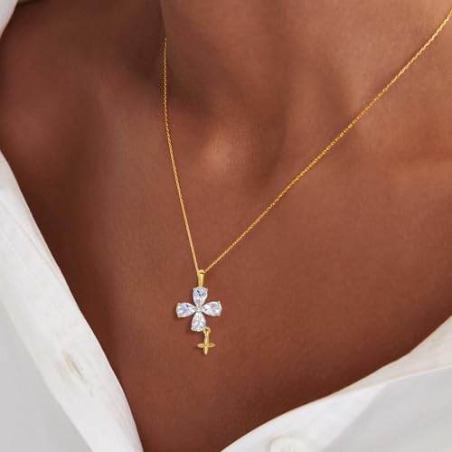 14K Gold Plated | 14K Platinum Plated Necklace for Women Necklace Earrings Set with Sparkling Zircon Inlay and Silver Post Earrings - color: Cross fringe set gold