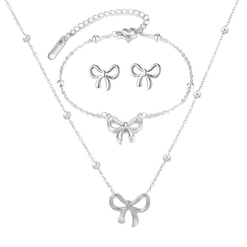 Gold Bow Necklace Bracelet Earrings Set for Women Bowknot Choker Necklace Ribbon Stud Earrings Silver Bow Bracelet Christmas Holiday Jewelry - color: Silver
