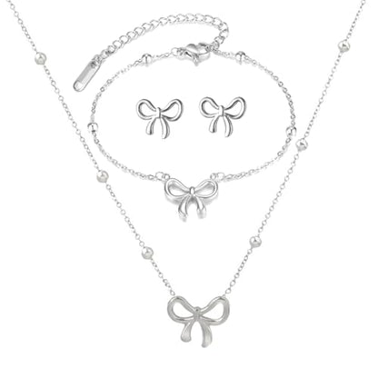 Gold Bow Necklace Bracelet Earrings Set for Women Bowknot Choker Necklace Ribbon Stud Earrings Silver Bow Bracelet Christmas Holiday Jewelry - color: Silver