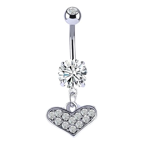 Rhinestone Heart Dangle Belly Button Ring for Women Stainless Steel Sparkle Crystal Love Heart Navel Curved Barbell Rings Piercing Body Jewelry - color: White