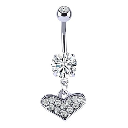 Rhinestone Heart Dangle Belly Button Ring for Women Stainless Steel Sparkle Crystal Love Heart Navel Curved Barbell Rings Piercing Body Jewelry - color: White