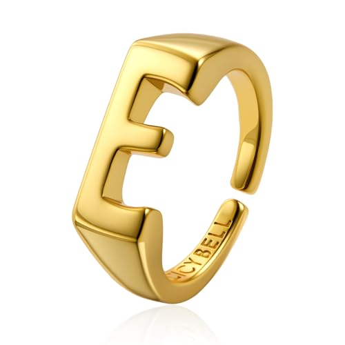 Cicy Bell Initial Rings for Women 18k Gold Plated Adjustable Rings | Open Signet Rings, Bold Letter, Personalized Engraved, For Party - color: Initial-E