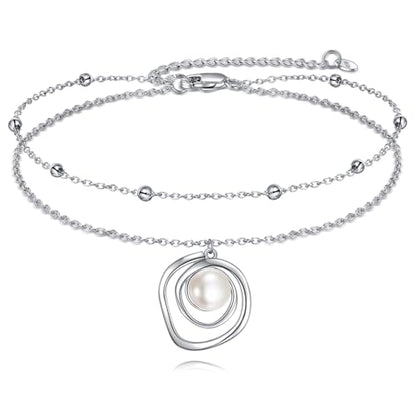 POPLYKE Frog/Pearl/Dragonfly/Ladybug/Highland Cow/Pearl/Moonstone Anklets Sterling Silver Double Layered Chain Beach Anklets for Women Foot Jewelry - style: Pearl
