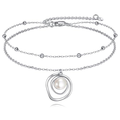 POPLYKE Frog/Pearl/Dragonfly/Ladybug/Highland Cow/Pearl/Moonstone Anklets Sterling Silver Double Layered Chain Beach Anklets for Women Foot Jewelry - style: Pearl