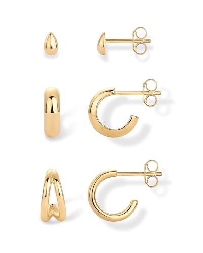 PAVOI Gold Hoop Earrings for Women - 14K-18K Yellow Gold Plated 925 Sterling Silver - Hypoallergenic 3-Pair Small Hoop Earings Set with Cubic Zirconia - Rope Teardrop & Chunky Huggie Styles Earscape Piercings - style: Teardrop