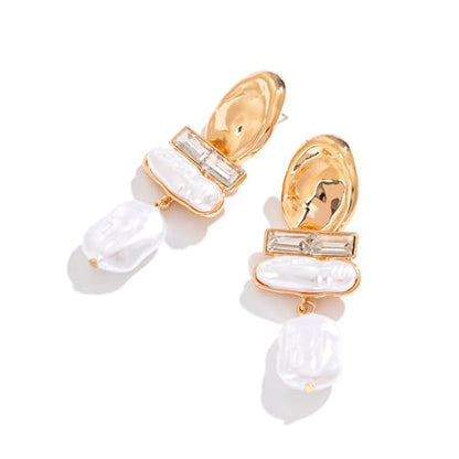 Statement Pearl Dangle Earrings,Gold and Large Pearl,Luxury Chandelier Organic Style Earrings - color: C gold and white
