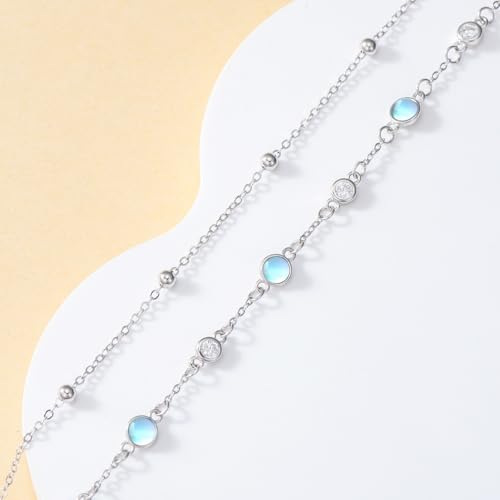 HPQQ Anklets for Women 925 Sterling Silver Natural Stone Layered Anklet Beach Summer Fine Jewelry Birthday Mothers Day Gifts for Women Mom Her - color: Moonstone 9"-11"