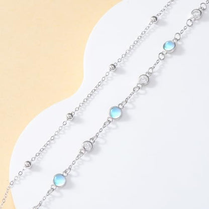 HPQQ Anklets for Women 925 Sterling Silver Natural Stone Layered Anklet Beach Summer Fine Jewelry Birthday Mothers Day Gifts for Women Mom Her - color: Moonstone 9"-11"