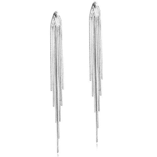 14k Gold Long Tassels Chain Dangle Drop Earrings for Women Black Silver Punk Sleek Metal Chain Earrings Wedding Bridesmaid Jewelry - color: Silver