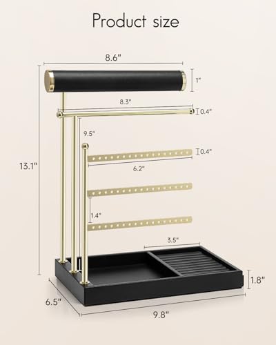 VLANDO Jewelry Stand Organizer with Ring Holder Tray, Necklace and Earring Storage for Bracelets, Watches and Rings, PU Leather Covered Wooden Tray with Gold Metal Frame - Black - color: Black