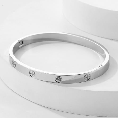 Women's Stainless Steel 18K Gold-Plated Cubic Zirconia Bracelet, Love and Friendship Jewelry Bracelet, Cuff Crystal Jewelry for Mother's Day, Father's Day, Valentine's Day, the Best Gifts for Married and Birthdays - color: Zircon+Cross Silvery