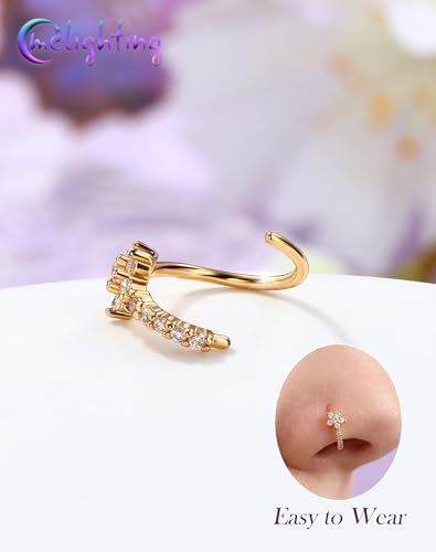 Melighting 20G Butterfly Nose Ring Hoop 8 mm Open Seamless Nose Piercing Jewelry Surgical Steel 316L, Twist Nostril Ring with Marquise and Round CZ, Silver Flower Body Piercing for Women - style: Flower Gold
