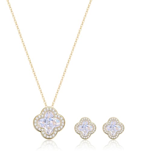 14K Gold Plated | 14K Platinum Plated Necklace for Women Necklace Earrings Set with Sparkling Zircon Inlay and Silver Post Earrings - color: Simple sleek three-leaf gold suit