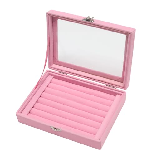 Small Velvet Jewelry Tray with Clear Lid, 8 Rolls Pink | Lockable Ring Earring Holder Organizer Storage Box Case Jewelry Box Organizer for Rings Earrings Bracelets Brooches - color: Pink Lid - 8 Rolls