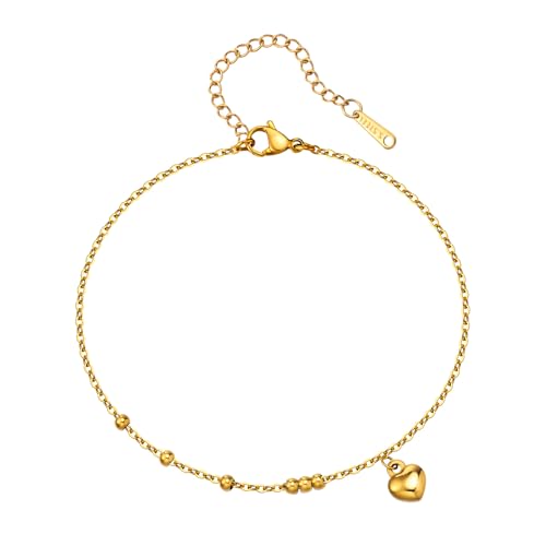 Dainty Gold Anklets for Women Stainless Steel Simple Ankle Bracelets Summer Beach Foot Chain Jewelry Gift - color: Heart and Beads