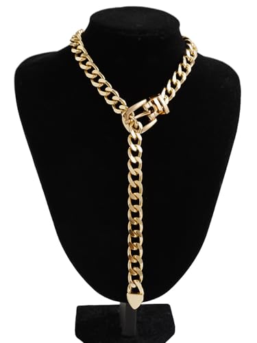 Cuban Link Chain Necklace Punk Belt Buckle Shaped Chunky Choker Necklace Statement Thick Chain Necklace Jewelry Gifts for Women Men - color: Style1-gold-long