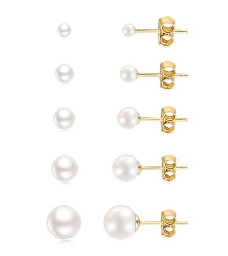 20G Hypoallergenic Surgical Steel Square Pearl Ball CZ Flat Back Stud Earrings for Sensitive Ear, Lightweight Shiny Earrings Studs for Helix Tragus Cartilage Multiple Piercing - color: Gold-E
