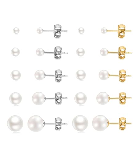 20G Hypoallergenic Surgical Steel Square Pearl Ball CZ Flat Back Stud Earrings for Sensitive Ear, Lightweight Shiny Earrings Studs for Helix Tragus Cartilage Multiple Piercing - color: Gold+Silver-E