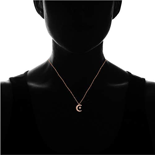 Hoops & Loops 925 Sterling Silver Crescent Moon and Star Cubic Zirconia Pendant Necklace for Women, Silver, Yellow Gold, Rose Gold - color: Rose Gold