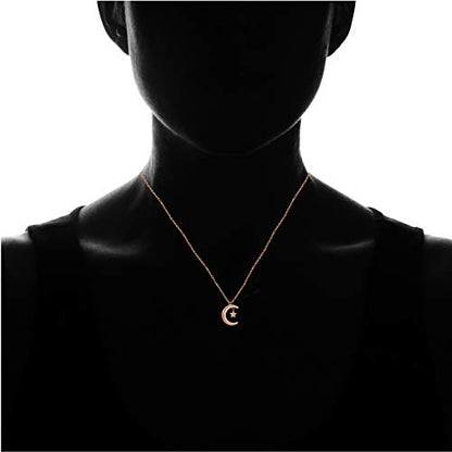 Hoops & Loops 925 Sterling Silver Crescent Moon and Star Cubic Zirconia Pendant Necklace for Women, Silver, Yellow Gold, Rose Gold - color: Rose Gold