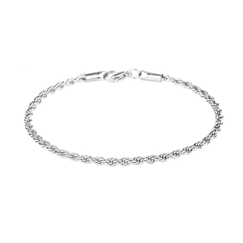 kelistom 18K Gold Silver Tone Rope Link Chain Bracelet for Women Men, 3mm 4mm Braided Rope Chain Bracelets, 7” 7.5” 8.3”, - size: 7.0", style: 4mm-silver