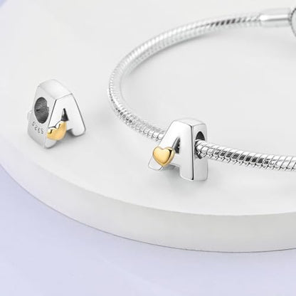Two-Tone Gold Heart S925 Silver Letter Charm Fits Pandora Bracelet Necklace | Initial Bead Two-Tone Gold Heart, DIY European Bracelet Accessory, Gift for Ladies Birthday Anniversary Valentine - style: Letter A