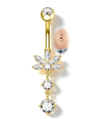 Dangle Lotus Belly Button Rings 14G Dangle Belly Navel Rings for Women Flower Belly Button Piercing - color: YG-10MM