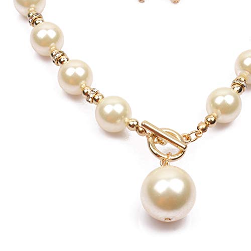 COLORFUL BLING Chunky Multicolor Simulated Pearl Choker Necklace Drop Dangle Earrings Bracelet Set Crystal Bib Big Large Round Beaded Strand for Women Brides Costume Statement 1920s Wedding Jewelry - color: White