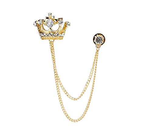 A N KINGPiiN Lapel Pin for Men Golden Crystal Crown with Hanging Chain Brooch Suit Stud, Shirt Studs Men's Accessories Golden
