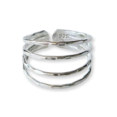 Sterling Silver Toe Ring, Adjustable Open Band, Handmade | Fits Toe, Knuckle or Pinky Ring | One Size Fits Most | Comfortable to Wear | Minimalist Style | Water Resistant - style: Hammered Multi-Band