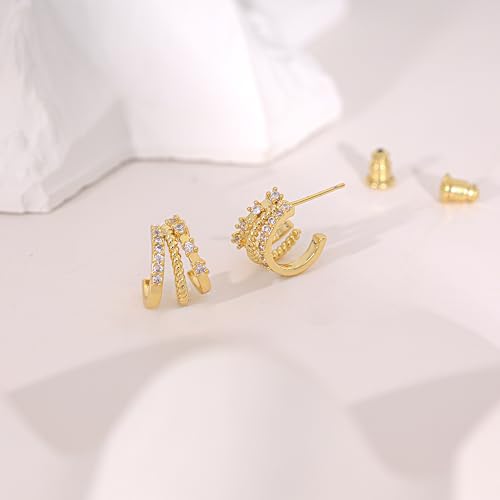 Gold Earrings for Women, Dainty Triple Huggie Earrings 14K Gold Plated Small Hoop Earrings for Women Trendy Cute Hypoallergenic Stud Earrings Unique Double Hoops Waterproof Womens Jewelry Gifts - color: gold plated-B