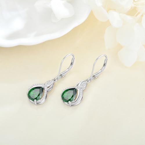 925 Sterling Silver Infinity Teardrop Earrings for Women | Lwsary Dangle Drop Leverback Earrings, Pear Shaped Birthstone Jewelry for Her - color: Green