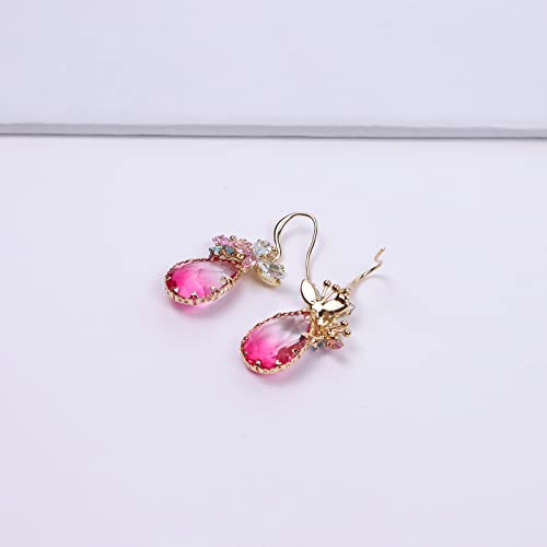 Crystal Teardrop Earrings CZ Butterfly Earrings Gold Dangle Earrings Jewelry Gift for Women - color: Red