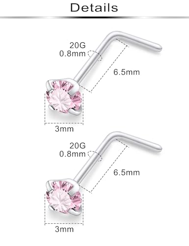 Hypoallergenic Nose Rings Studs 18G & 20G Surgical Steel Nose Studs L Shaped Nostril Piercing Jewelry with Pink Cubic Zirconia for Women & Men - color: 20g,L-shape,pink crystal