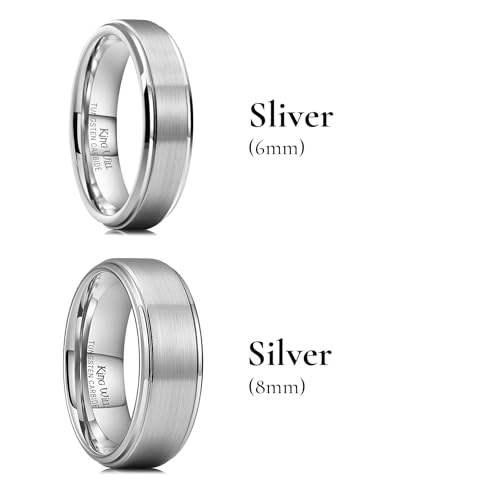 King Will Classic Tungsten Wedding Band for Men, 6/7/8/9/10mm Widths, Polished Finish Step Edge Matte Rings Comfort Fit - color: 6mm+8mm Silver